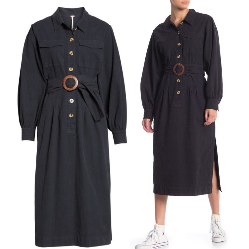 Free People Audrey Black‎ s Cotton Belted Midi Dress
 Size S